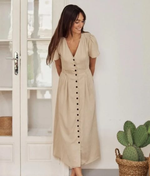 Gathered Detail Florence Half Sleeve V-Neck Dress